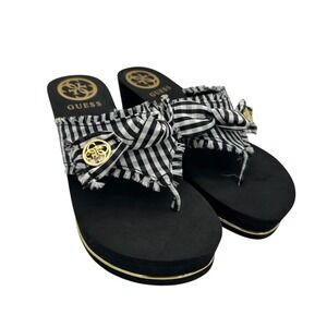 Guess Santos Wedge Thong Sandals Women's Size 7 M Black White Gingham Bow